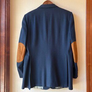 VTG Lanvin Navy Blue Blazer Suit Jacket Sport Coat Tan Brown Suede Elbow Patches